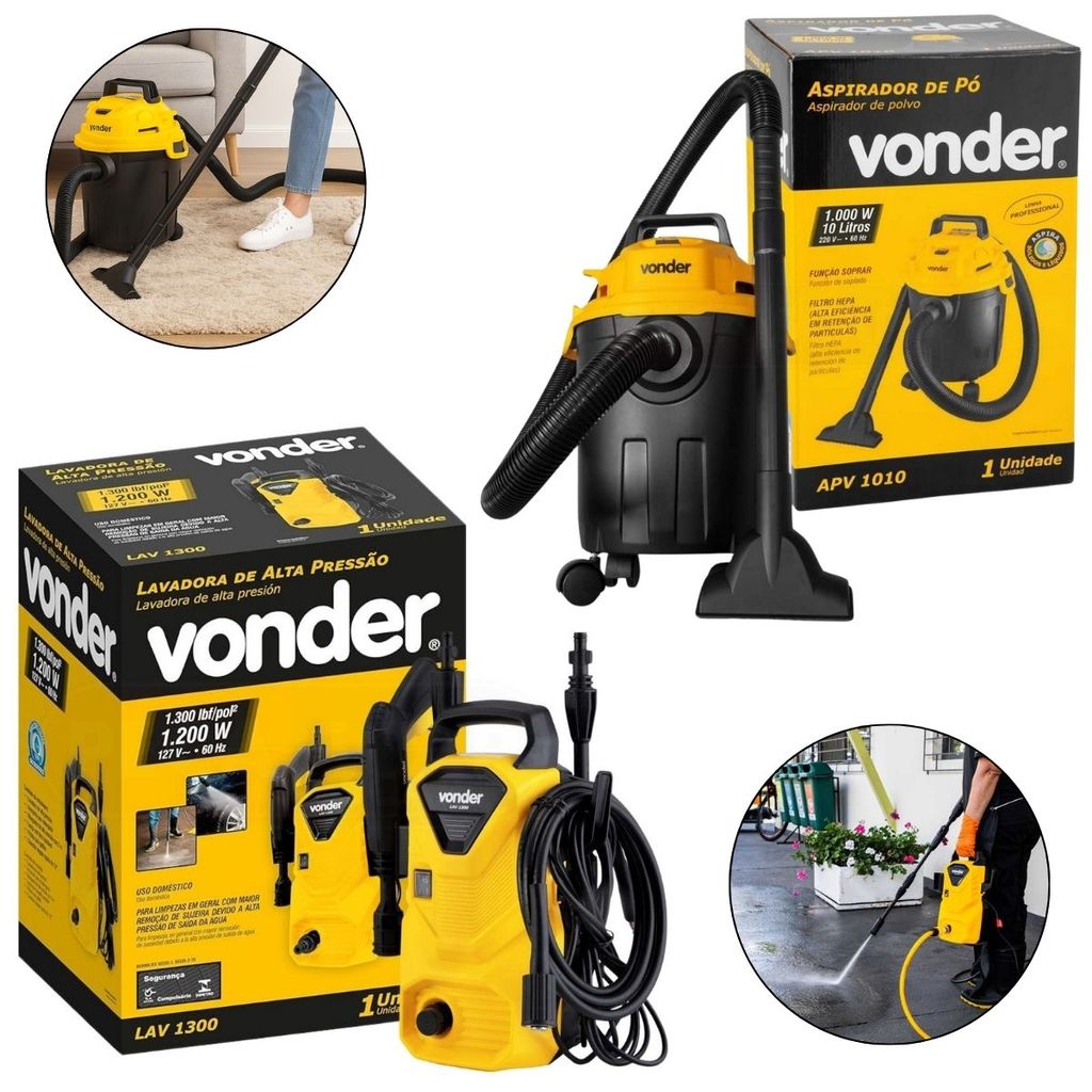 Kit Lavadora de Alta Pressão 1200W LAV1300 + Aspirador de Pó e Líquidos 1000W - Para Lava Car, Kit Limpeza