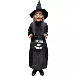 Brinquedo de Halloween Boneco Animatrônics com Movimento e Bandeja pra Doce com Luz e Som Bruxa Mordomo ou Palhaço