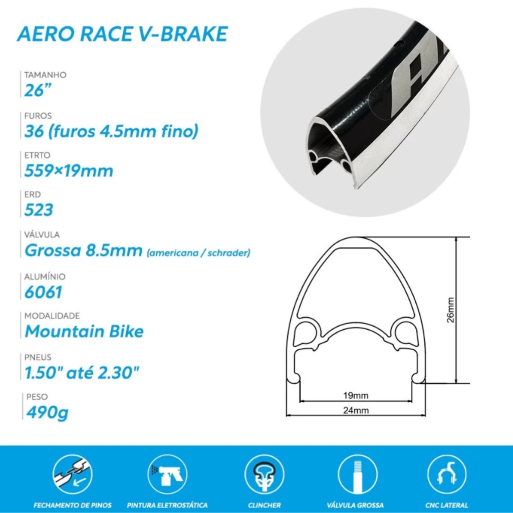 Detalhes do Aro Aero 26 Para V-brake 36 Furos Flay Aero Race Verde