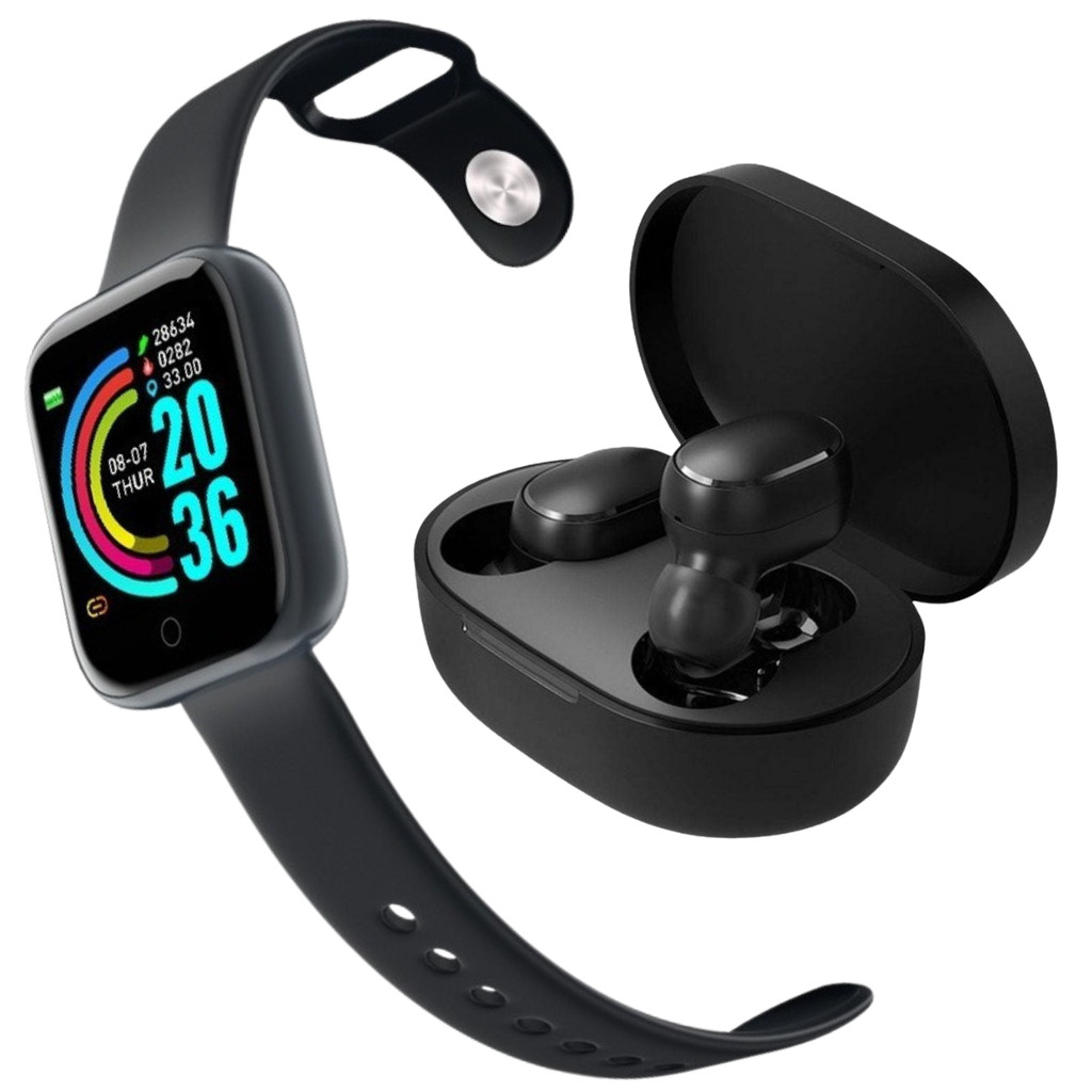 Kit Fone de Ouvido + Relógio PRETO Smartwatch Bluetooth - Fone de Ouvido sem Fio Bluetooth Com Relógio Moderno