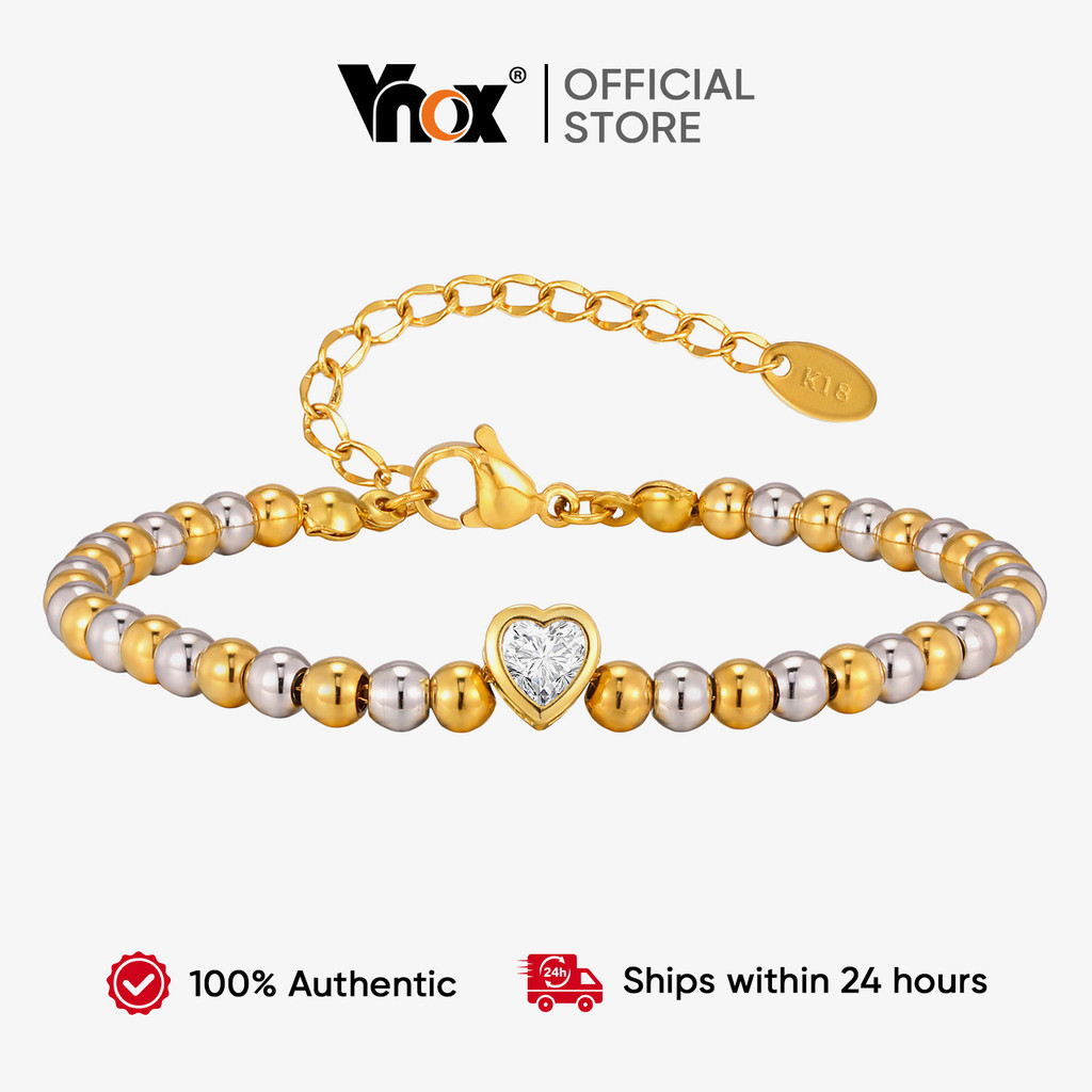 Pulseira Cúbica Feminina Vnox Com Contas Em Formato De Coração , Banhada A Ouro , À Prova D'água , Não Mancha , Corrente