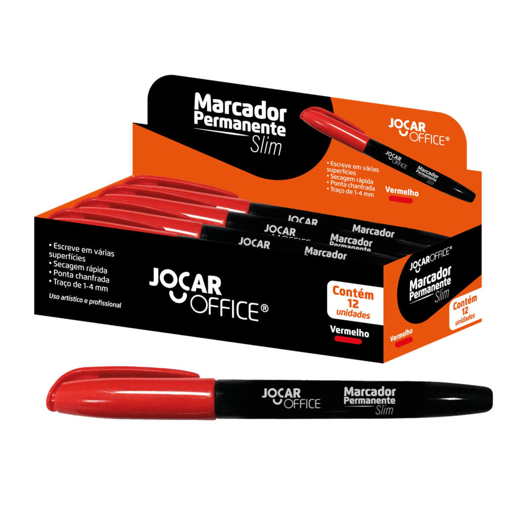 Caneta Marcador Permanente Ponta Chanfrada Vermelho Slim Caixa c/ 12 unidades Leonora - 96088 em Oferta na Shopee