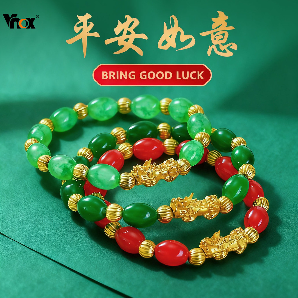 Vnox Pixiu Ouro Frisado Jade PingAn Pulseira Chinês Trazer Riqueza De Segurança Para Mulheres Sorte Jóias Presente