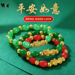 Vnox Pixiu Ouro Frisado Jade PingAn Pulseira Chinês Trazer Riqueza De Segurança Para Mulheres Sorte Jóias Presente