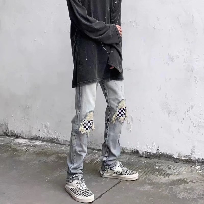 Calça jeans masculina rasgada lavada estilo rua alta, calça xadrez Slim fit, pés pequenos, cintura média, roupa de rua S