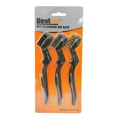 Kit 3 Escovas Bestfer BFH1834 Aço Latão Nylon Cabo Plástico Remoção Ferrugem Limpeza Manual Profissional Cerdas