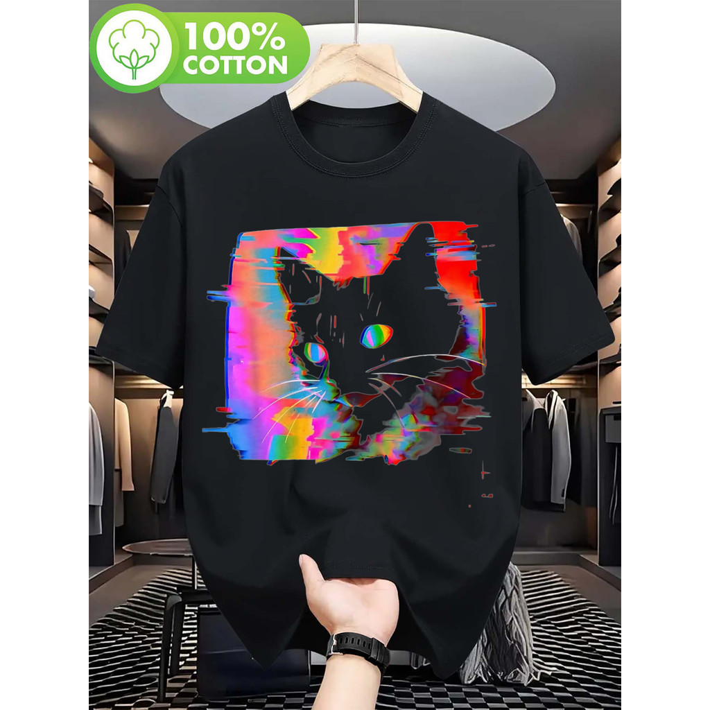 Camiseta Masculina Gato Psicodélico Vaporwave Colorido Vibrante Estampado Estiloso Confortável Retrô Casual