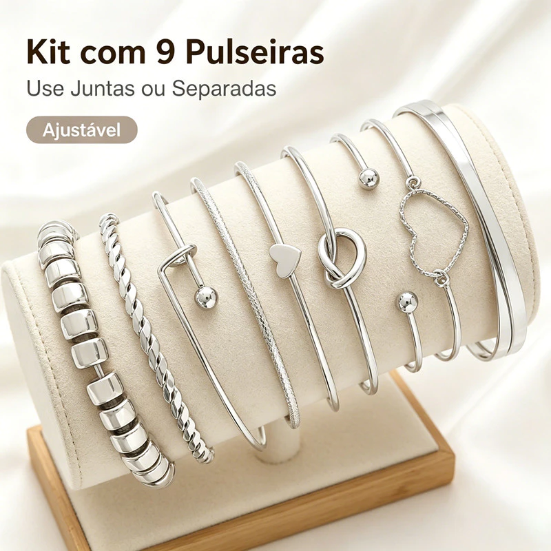 Kit 9 Pulseiras Femininas Prateadas Ajustáveis Braceletes Bijuteria para Look Moda — imagem 1