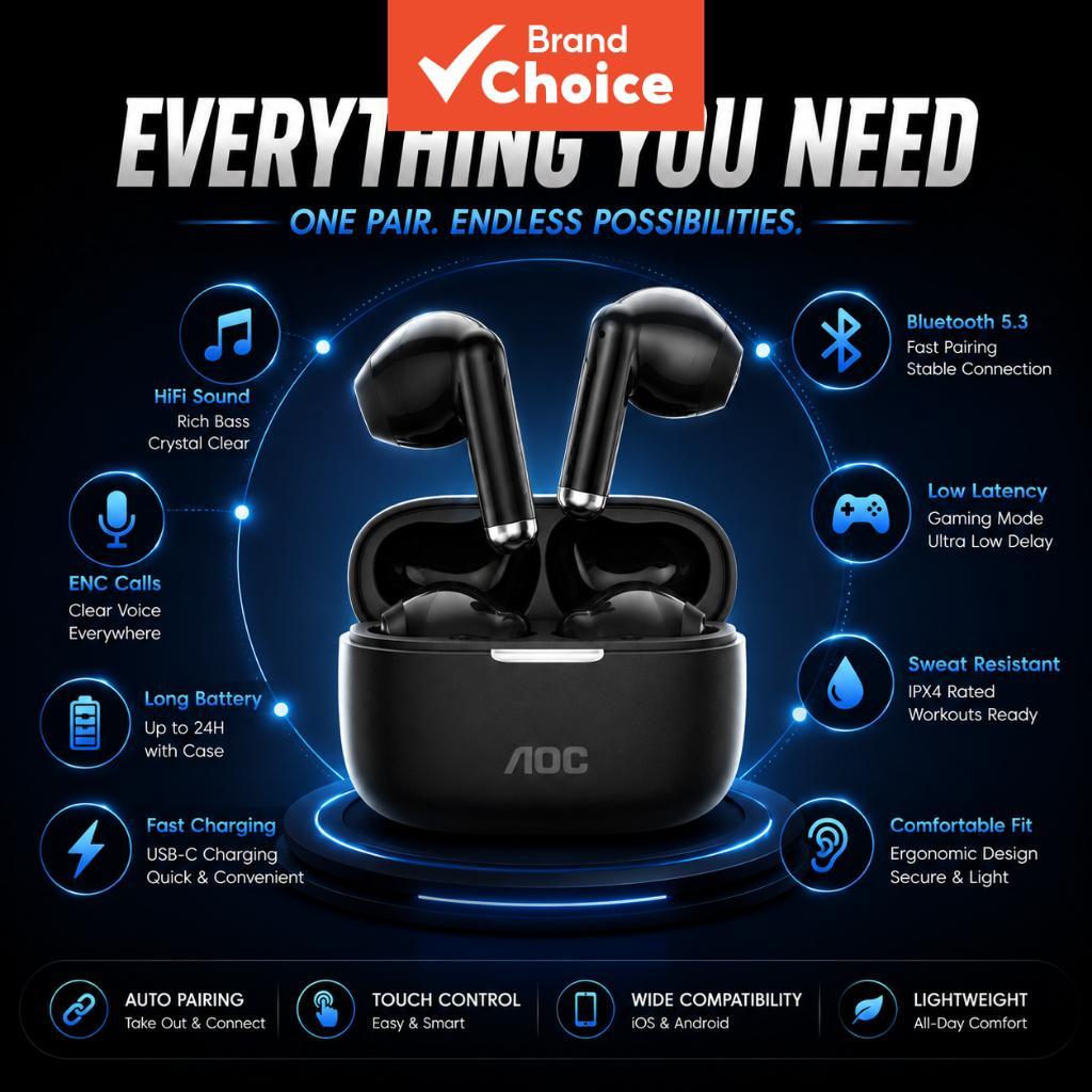 Fones de Ouvido AOC sem Fio Bluetooth 5.3, Meia Entrada, 60ms de Baixa Latência, Headset Gamer, Redução de Ruído ENC,