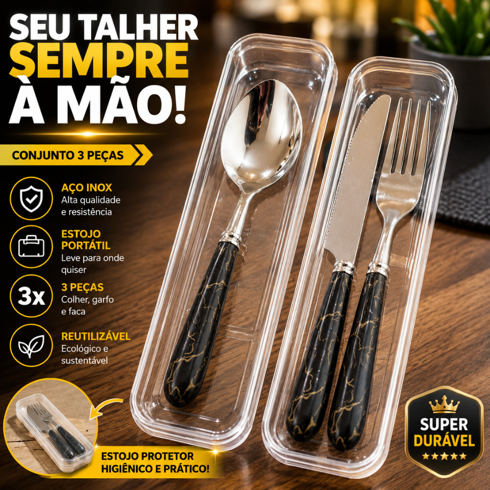 Kit Talheres Inox Com Estojo Portátil Colher Garfo Faca
