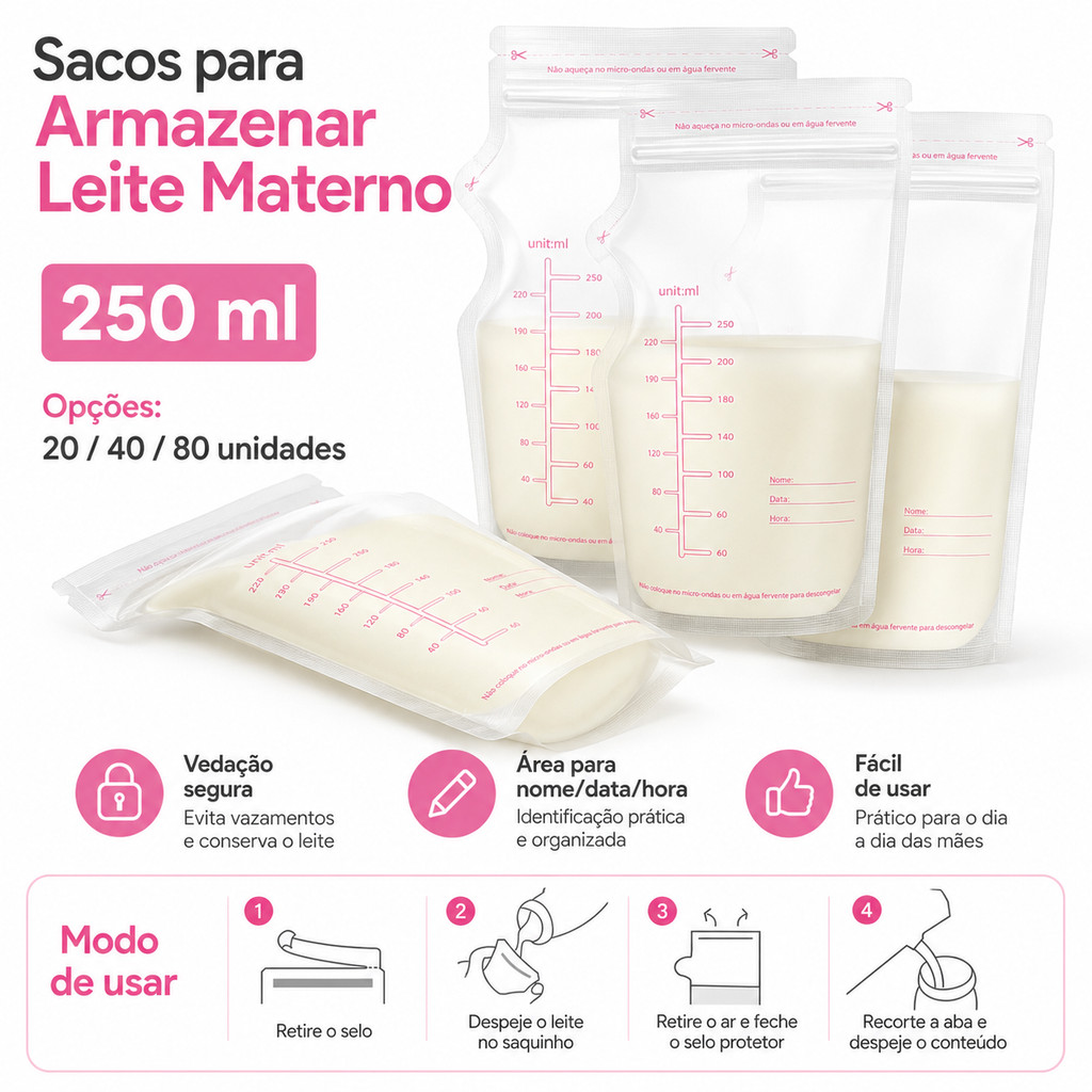 20/40/80 Pçs Saco Saquinhos Congelar Leite Maternidade Bebê