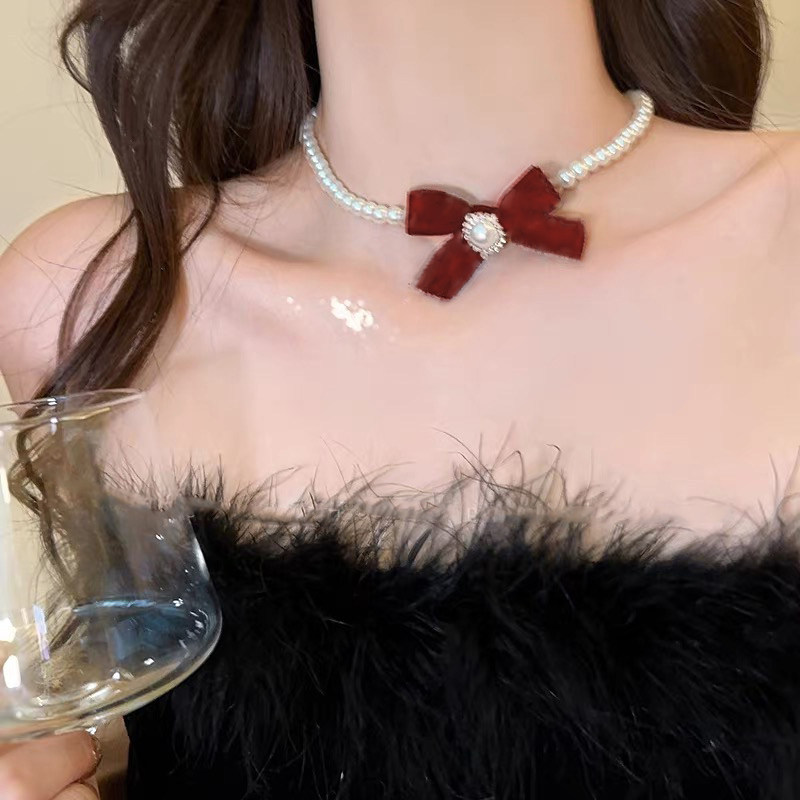 colar colar aço inoxidável Vermelho veludo arco nó imitação de pérola colar feminino francês Retro gargantilha colar o
