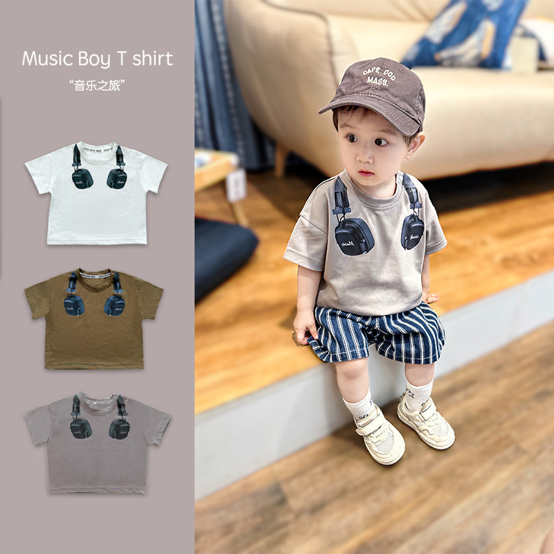 Crianças camiseta de manga curta verão novo estilo meninos All-Match solto estilo coreano música menino impresso fone de