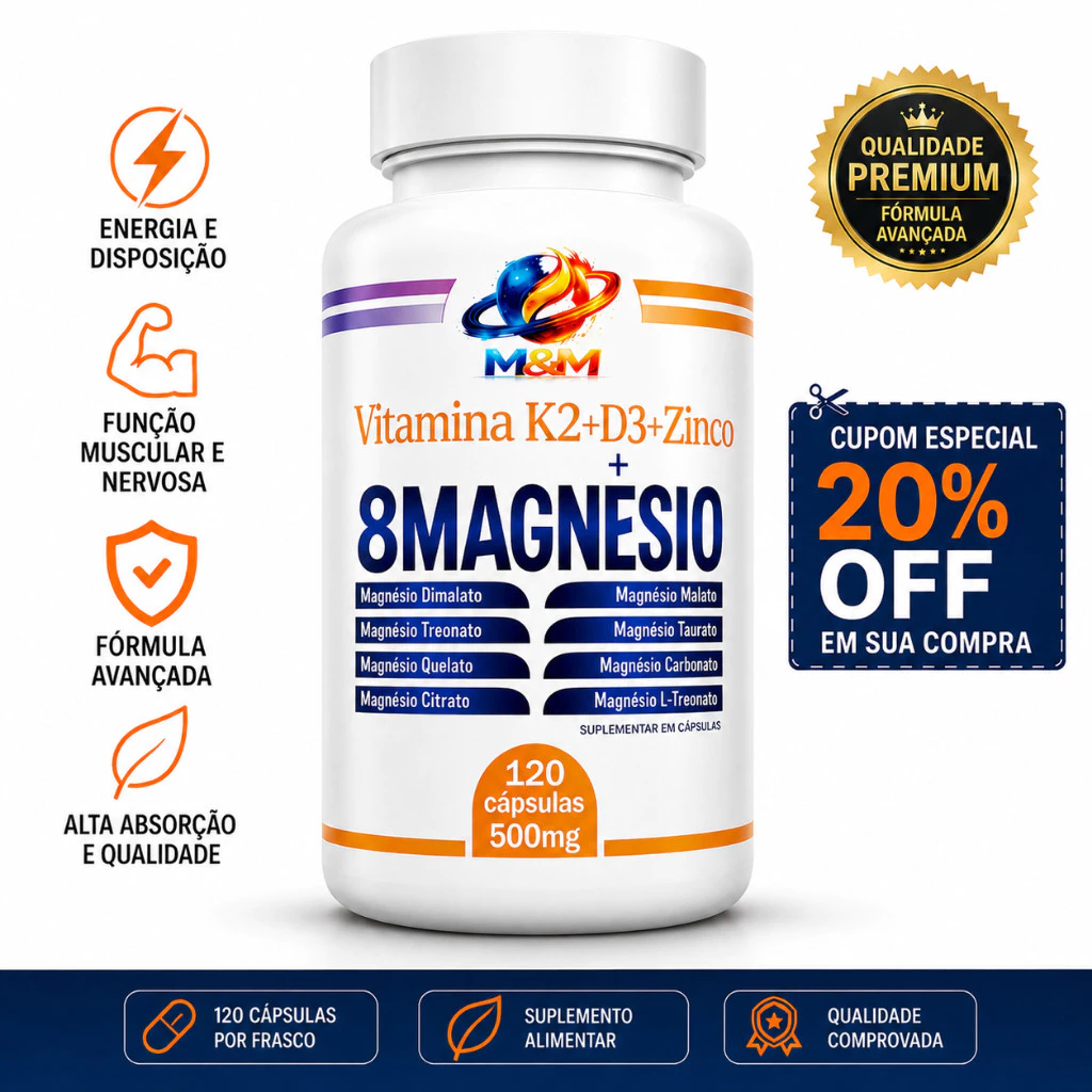 8 Magnésios com Vitamina K2, D3 e Zinco | 120 Cápsulas 500mg | Fórmula Completa — imagem 1