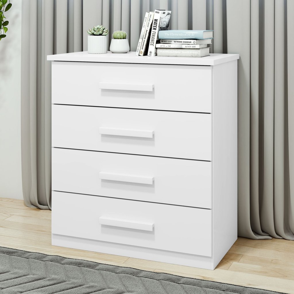 Cômoda para Quarto 4 Gavetas com Puxadores Cromados Moderno Baião 88cm Branco Branco