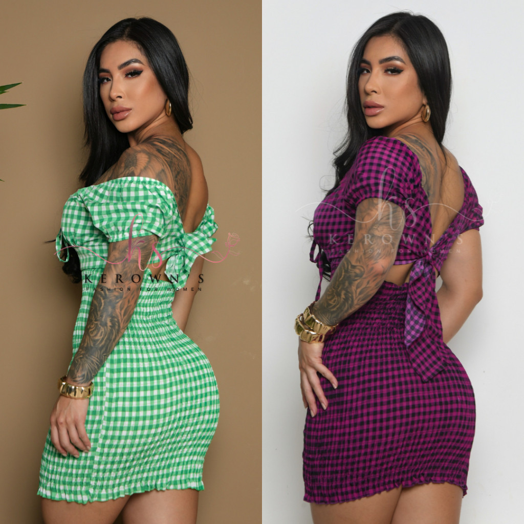Vestido Feminino Curto Lastex Manguinha Amarração modinha tecido crepinho