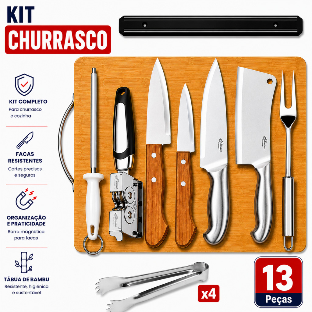 Kit Churrasco Completo 7 ou 9 ou 13 Peças Profissional Presente Dia dos Pais Facas Cutelo Tábua Bambu Chaira
