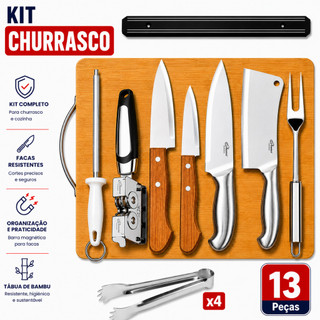 Kit Churrasco Completo 7 ou 9 ou 13 Peças Profissional Presente Dia dos Pais Facas Cutelo Tábua Bambu Chaira