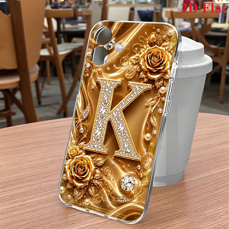 2D Ouro Diamante Carta K & M W Caso Floral Para Samsung A56 A17 A06 A16 A15 A55 A35 A54 A05 A34 A36 A14 A23 Capa
