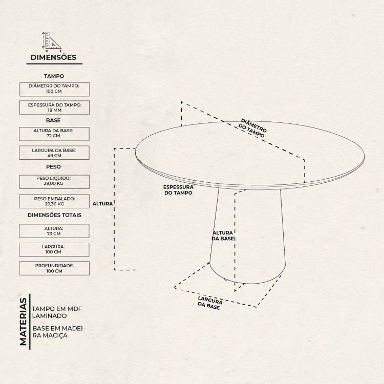 Mesa de Jantar Base Cone em Madeira Laminada 100cm Lyon Marrom/Amadeirado 100
