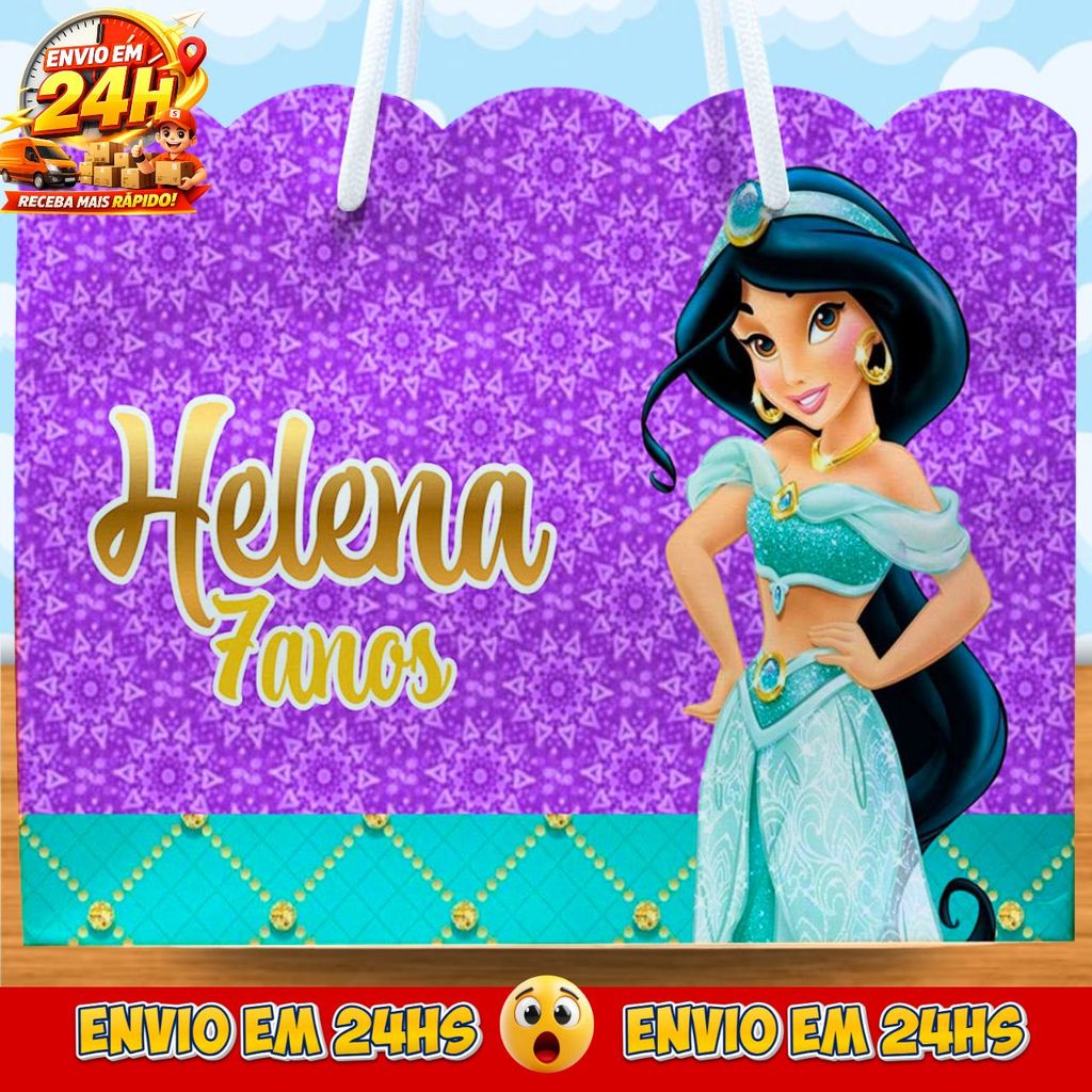 Sacolinhas Princesa Jasmine Personalizadas - Lembrancinhas Princesas da disney com Nome e Idade