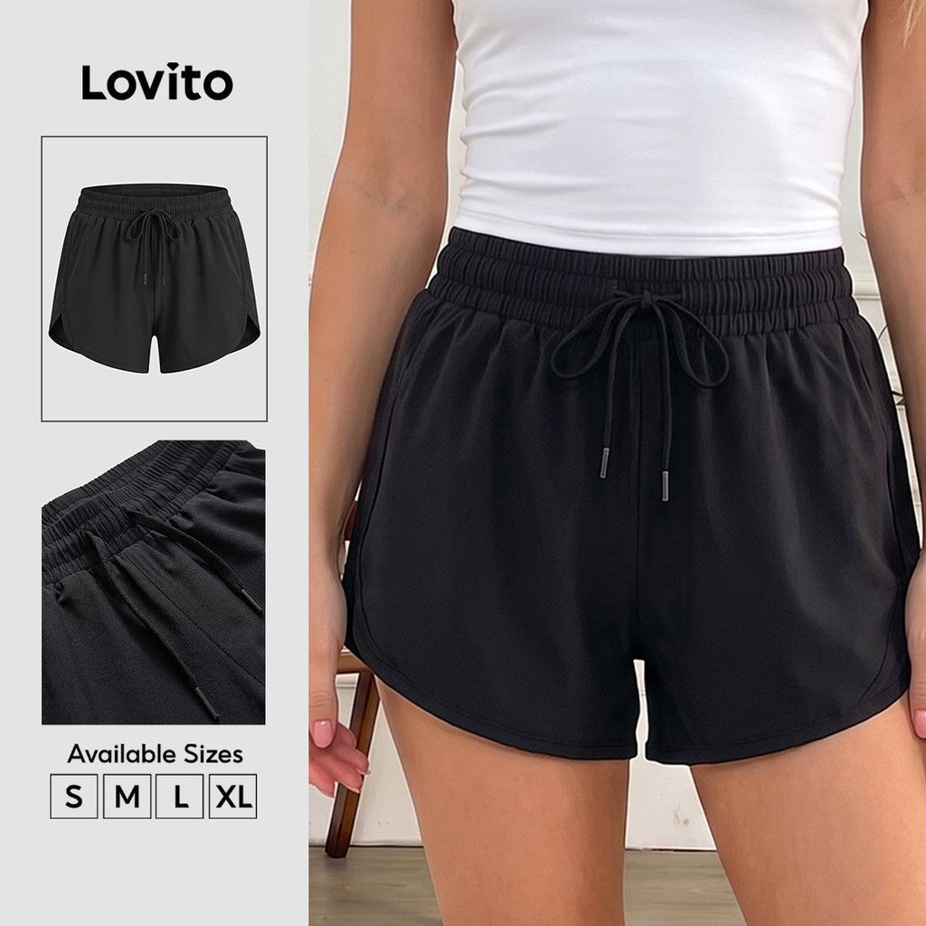 Lovito Casual Short Feminino Esportivo com Bolsos 2in1 Dupla Camada Amarrado Secagem Rápida Corrida e Fitness LNL83116