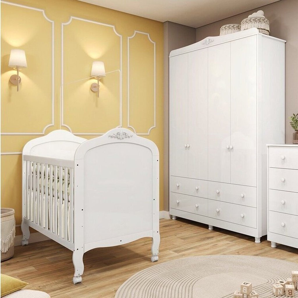 Quarto de Bebê com Berço Mini Cama e Guarda Roupa 4 Portas Maya Clássico Espresso Móveis Branco/Bril Branco/Brilho