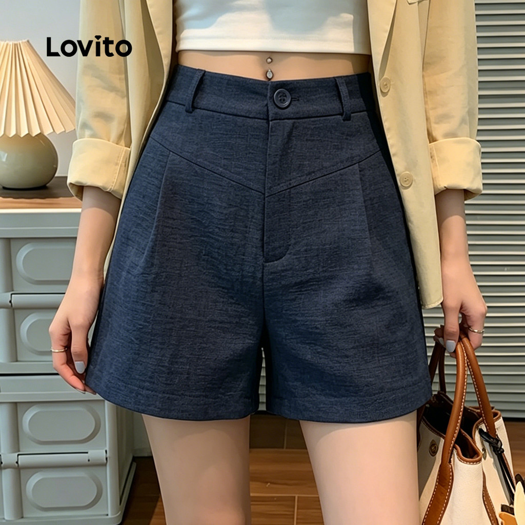 Lovito Shorts Casuais Textura para Deslocamento Lazer Shorts Azulmarinho para mulheres L200AD213 — imagem 2 de 2
