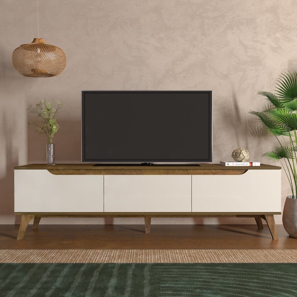 Rack para TV até 75 Polegadas MDF 180cm 2 Portas 1 Gaveta Liverpool Yescasa Marrom Off White/Pinho