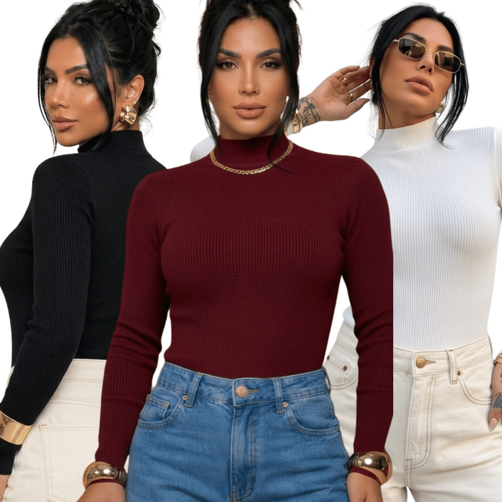 Kit 3 Blusa Manga Comprida Feminina Cacharrel Manga Longa Canelada Gola Alta Básica Moda Feminina Inverno Qualidade