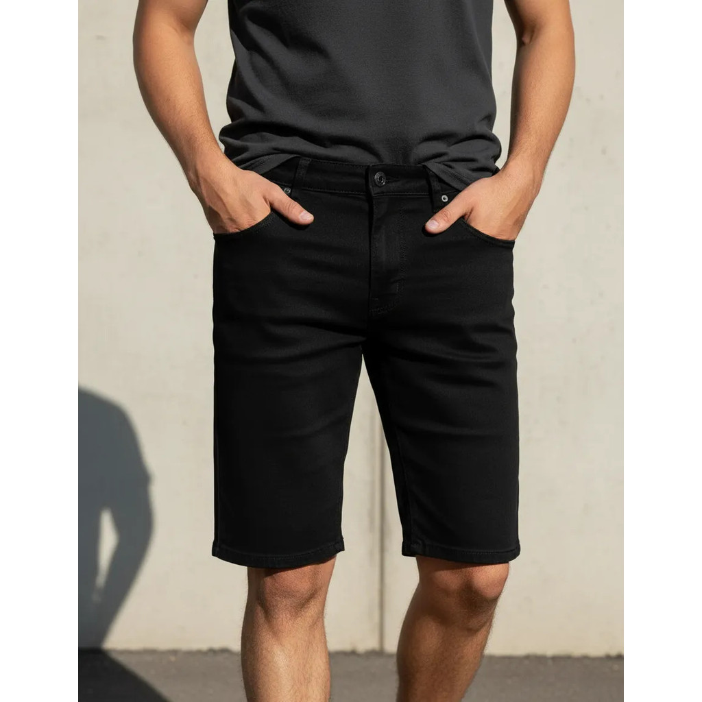 Bermuda Shorts Jeans Masculina Preta Tradicional Elastano