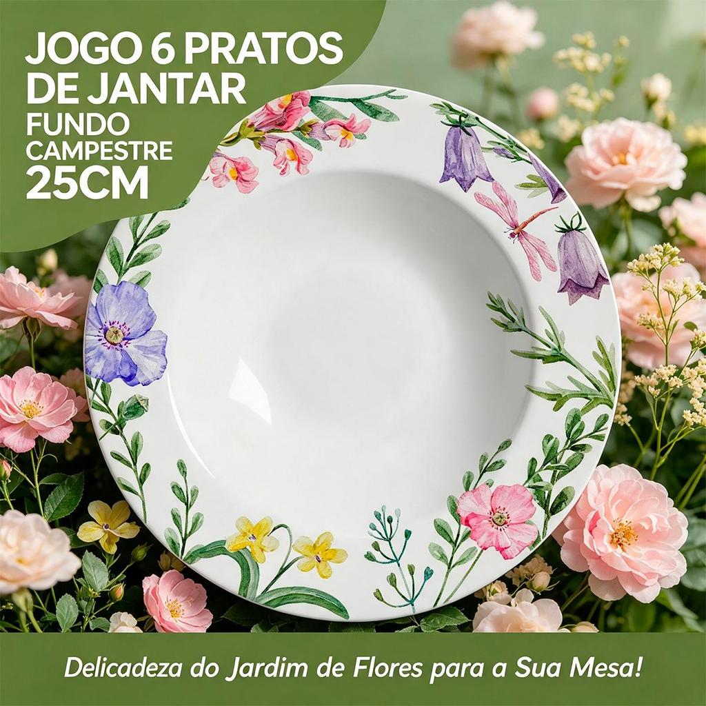 Jogo 6 Pratos de Jantar Fundo Campestre de Cerâmica 25cm Para Transformar Suas Refeições - Alleanza