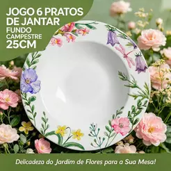 Jogo 6 Pratos de Jantar Fundo Campestre de Cerâmica 25cm Para Transformar Suas Refeições - Alleanza
