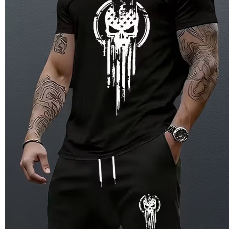 CONJUNTO MASCULINO SHORT MOLETOM+CAMISETA ESTILOSO CAVEIRÃO