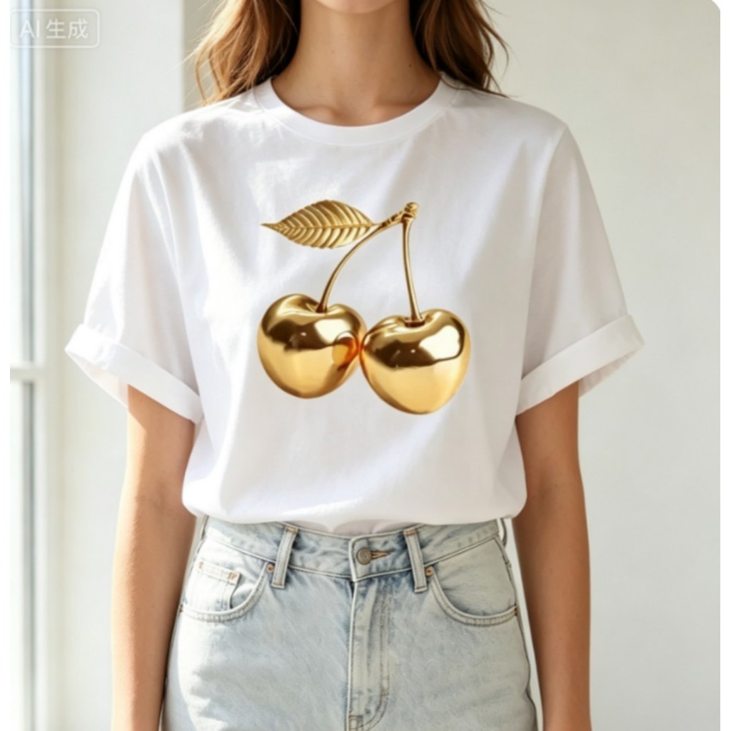 Camiseta Feminina Branca Estampa Cereja Dourada Estilo Minimalista Elegante Confortável Para O Dia A Dia 100% Algodão