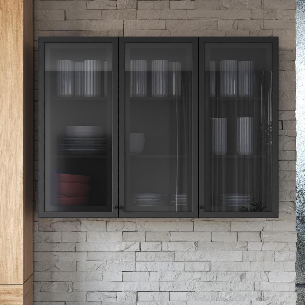 Armário Aéreo Modulado com Vidro Fidelitá Mônaco 120cm 3 Portas Chumbo/Titânio