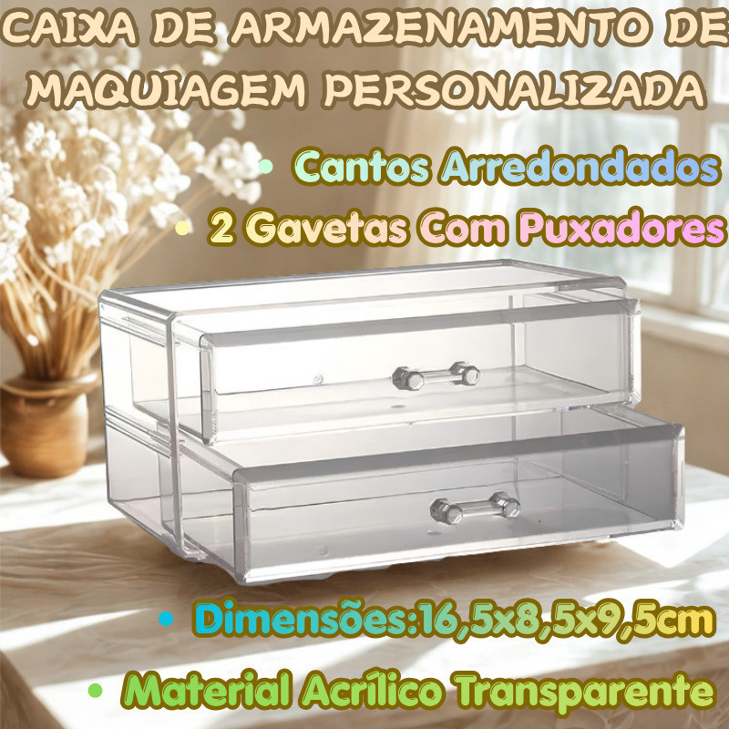Organizador Pessoal De Maquiagem Transparente Em Acrílico Duas Gavetas Medidas 16,5x8,5x9,5cm