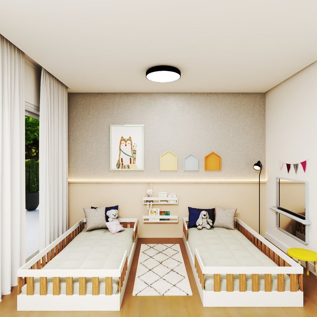 Conjunto com 2 Camas Infantil Montessoriana Solteiro Cori Yescasa Branco/Carvalho Mel Branco/Carvalho Mel