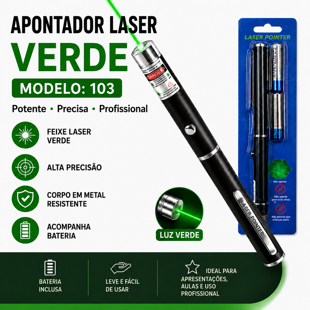 Apontador Laser Verde Modelos 103 303 710 Alta Precisão para Apresentaçõ
