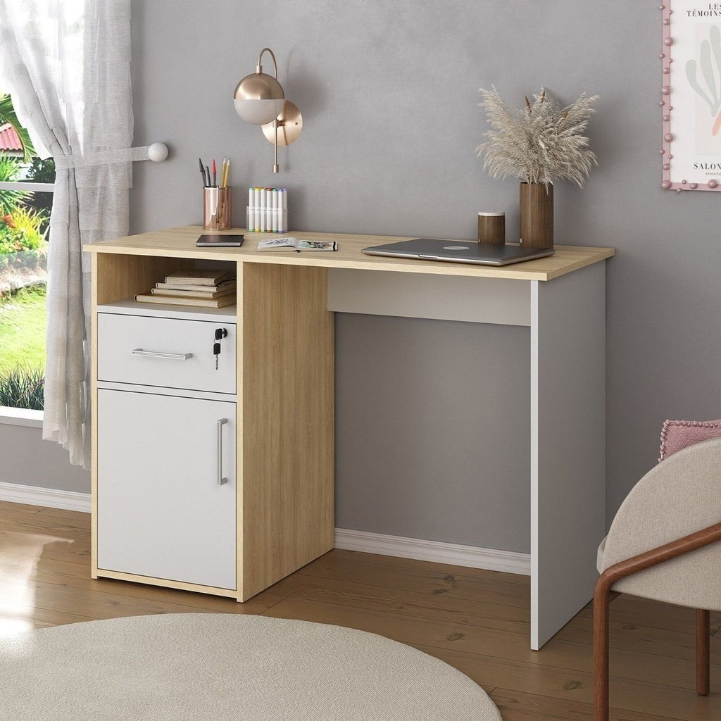 Escrivaninha Mesa Escritório Compacta para Home Office com com Chave e Hall 1 Gaveta 1 Porta 1 Nicho 110cm Carvalho e
