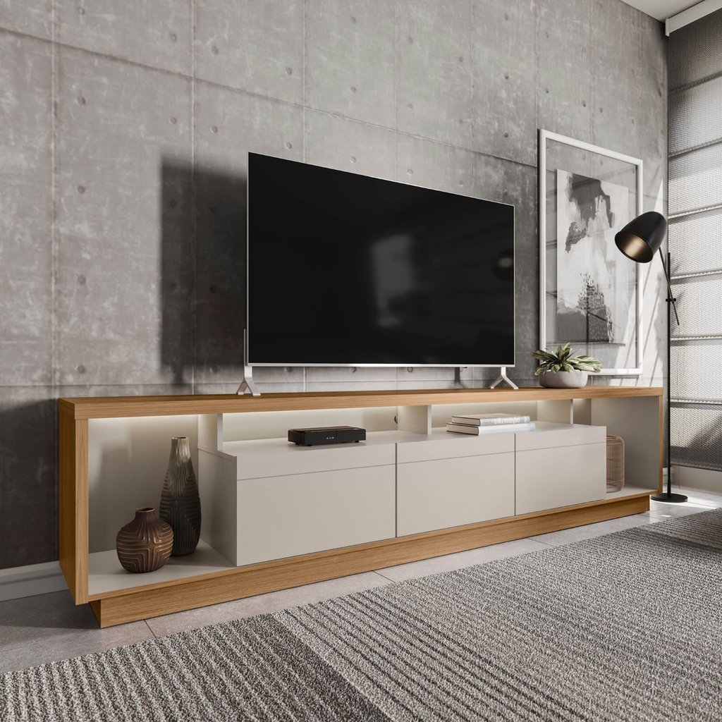 Rack para TV até 75 Polegadas com LED MDF 218cm 3 Portas Fita Cronos CabeCasa MadeiraOriginals Off White 218