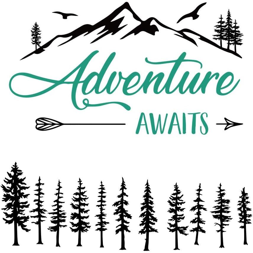 A Aventura Espera: Adesivos de Camping para Campistas ao Ar Livre, Adesivo de Vinil para Parede com Tema de Montanhas e 