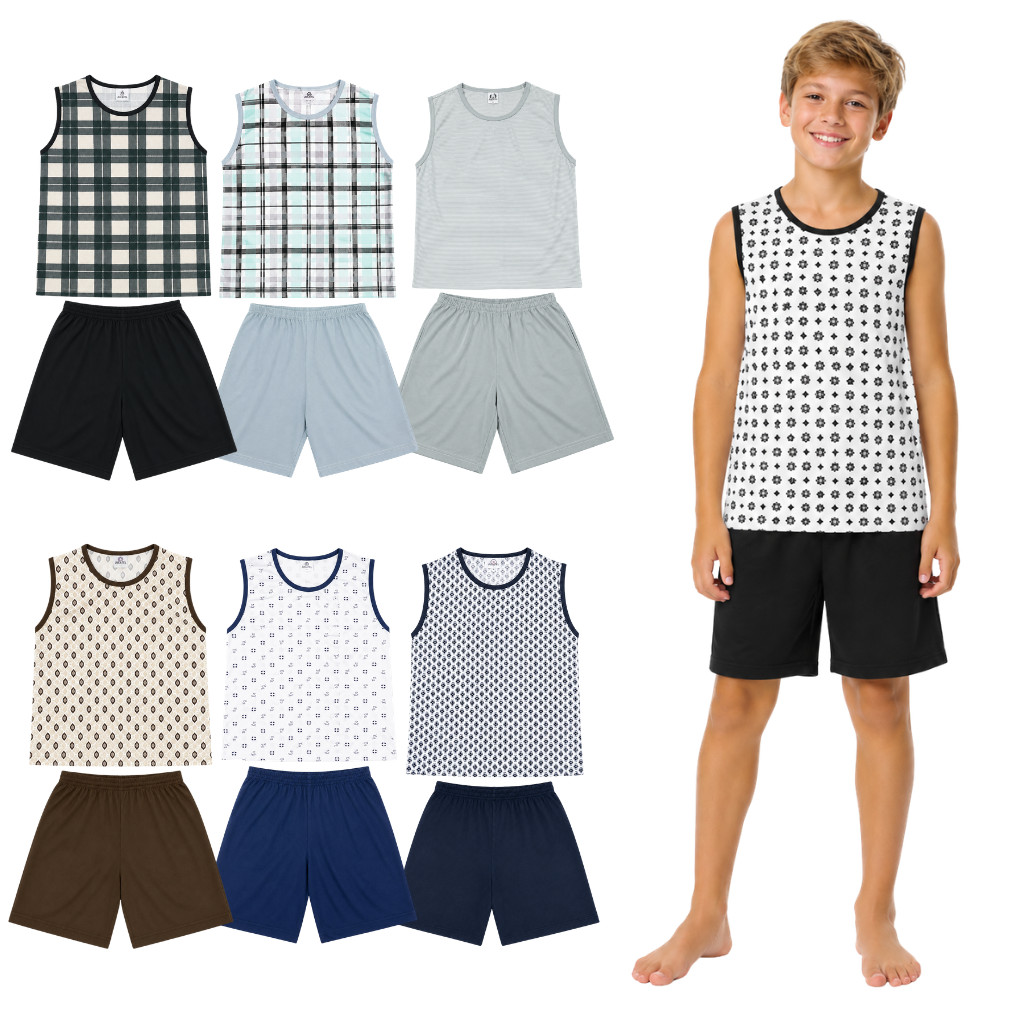 Pijama Regata Machão e Short Estampas Sortidas Juvenil Masculino Tam. 10 ao 16