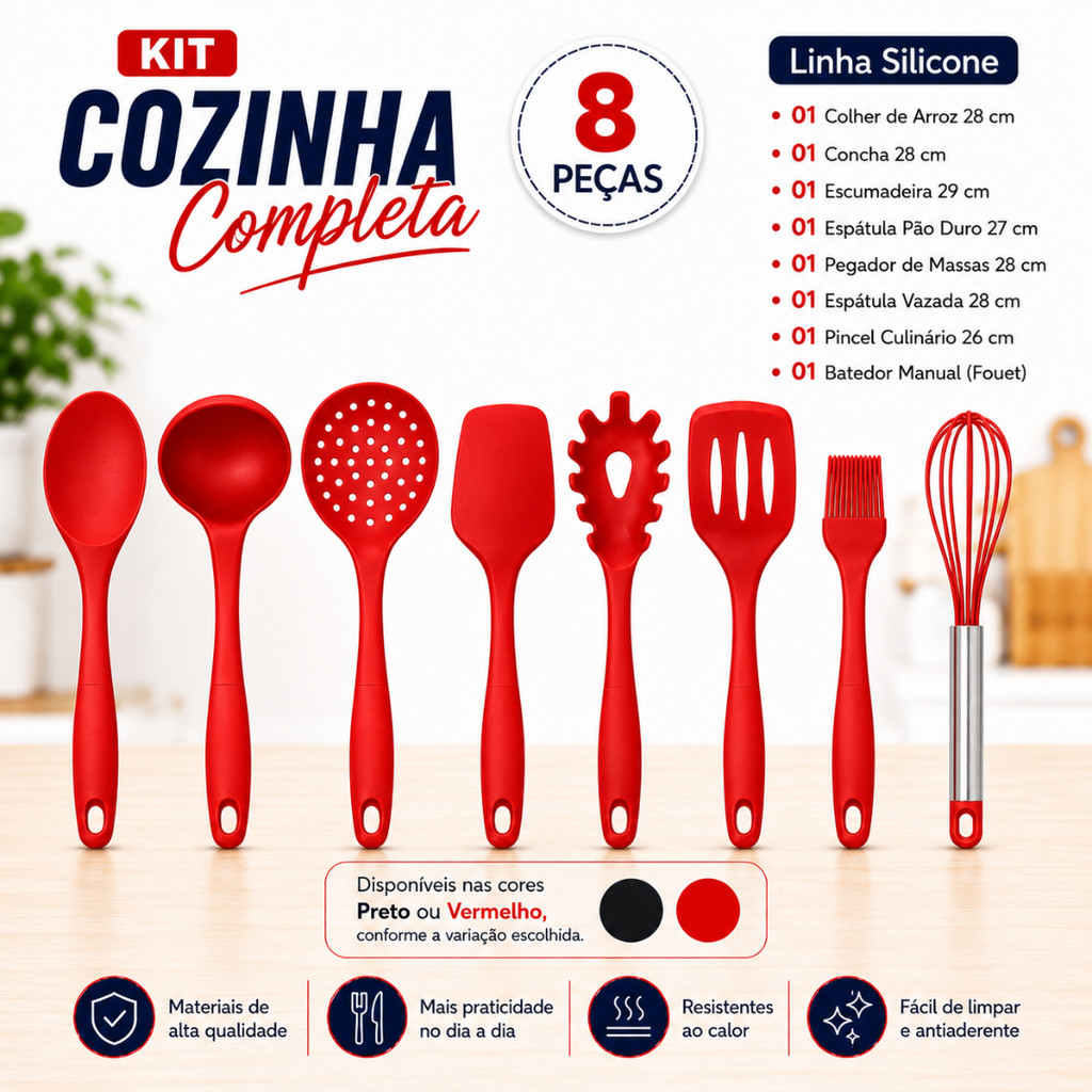 Kit Cozinha Completa Utensílios Cozinha 8 e 11 Peças Utensílios Silicone Inox Faqueiro