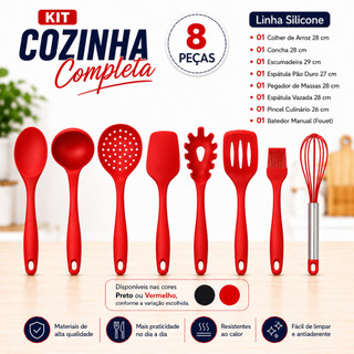Kit Cozinha Completa Utensílios Cozinha 8 e 11 Peças Utensílios Silicone Inox Faqueiro
