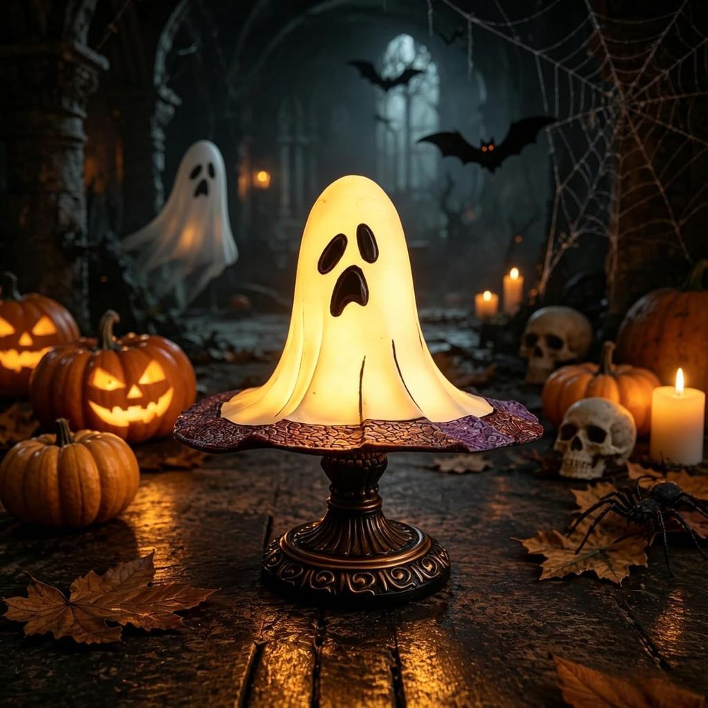 Lâmpada Vintage De Destaque De Halloween-Luz De Vitral Alimentada Por USB Com Jack-o-Lantern E Motivos De Espírito