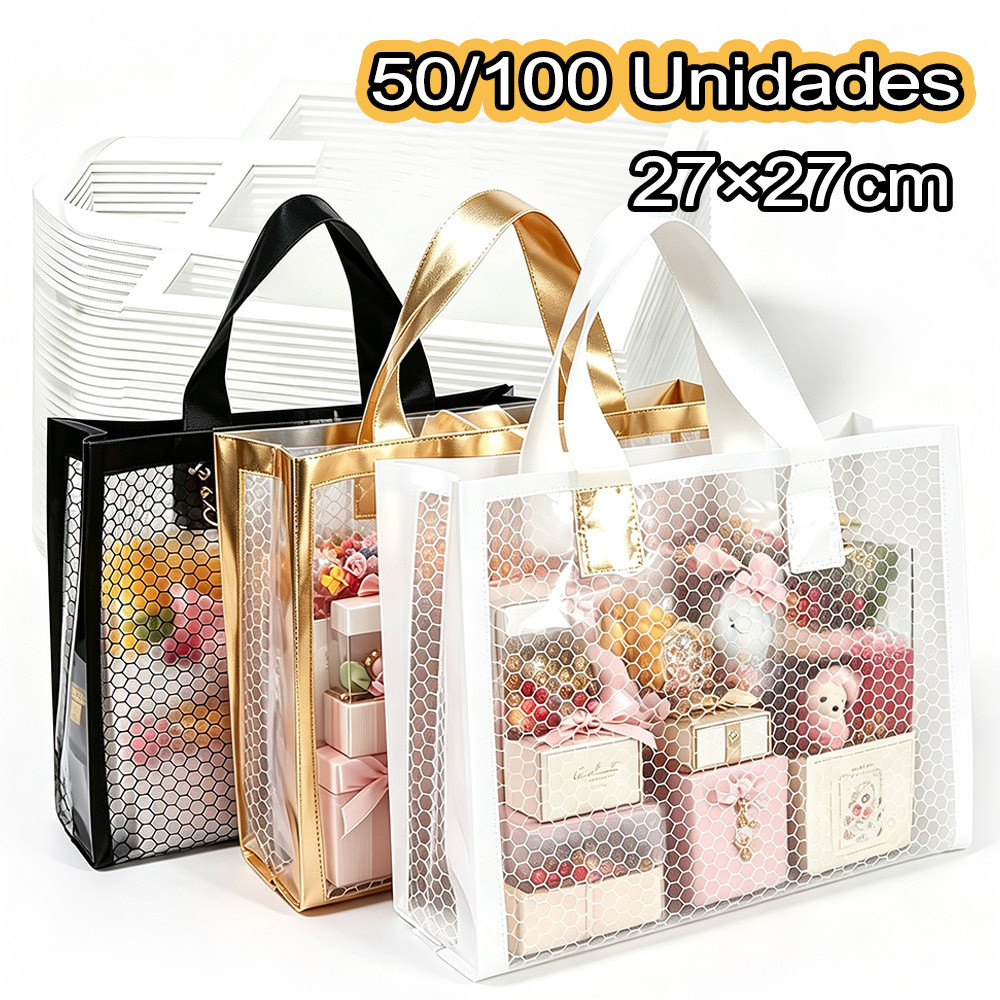 Kit 50 Un Sacolas De Presente Transparente PVC Com Textura De Colmeia P/compras No Atacado, Feriados E Festas