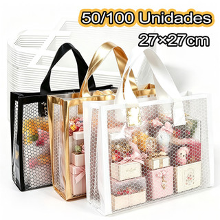 Kit 50 Un Sacolas De Presente Transparente PVC Com Textura De Colmeia P/compras No Atacado, Feriados E Festas