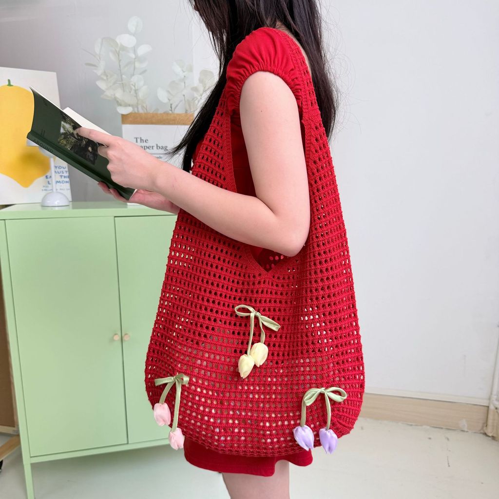 [Estoque pronto] Estilo coreano ins flor oco bolso líquido saco de malha grande capacidade estilo preguiçoso saco de mal