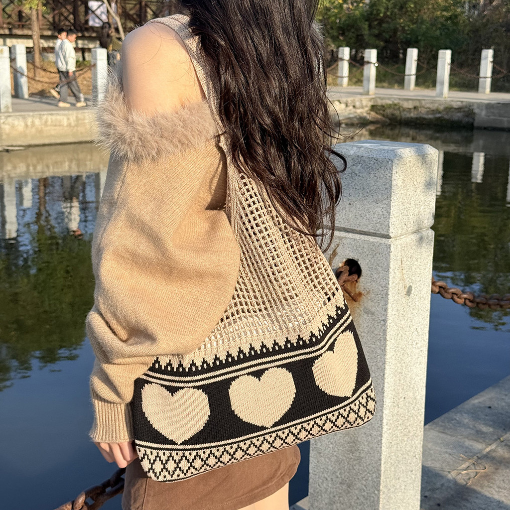 [Estoque pronto] Novo estilo simples bolsa de tecido grande capacidade bolsa de ombro elegante All-Match sacola de malha